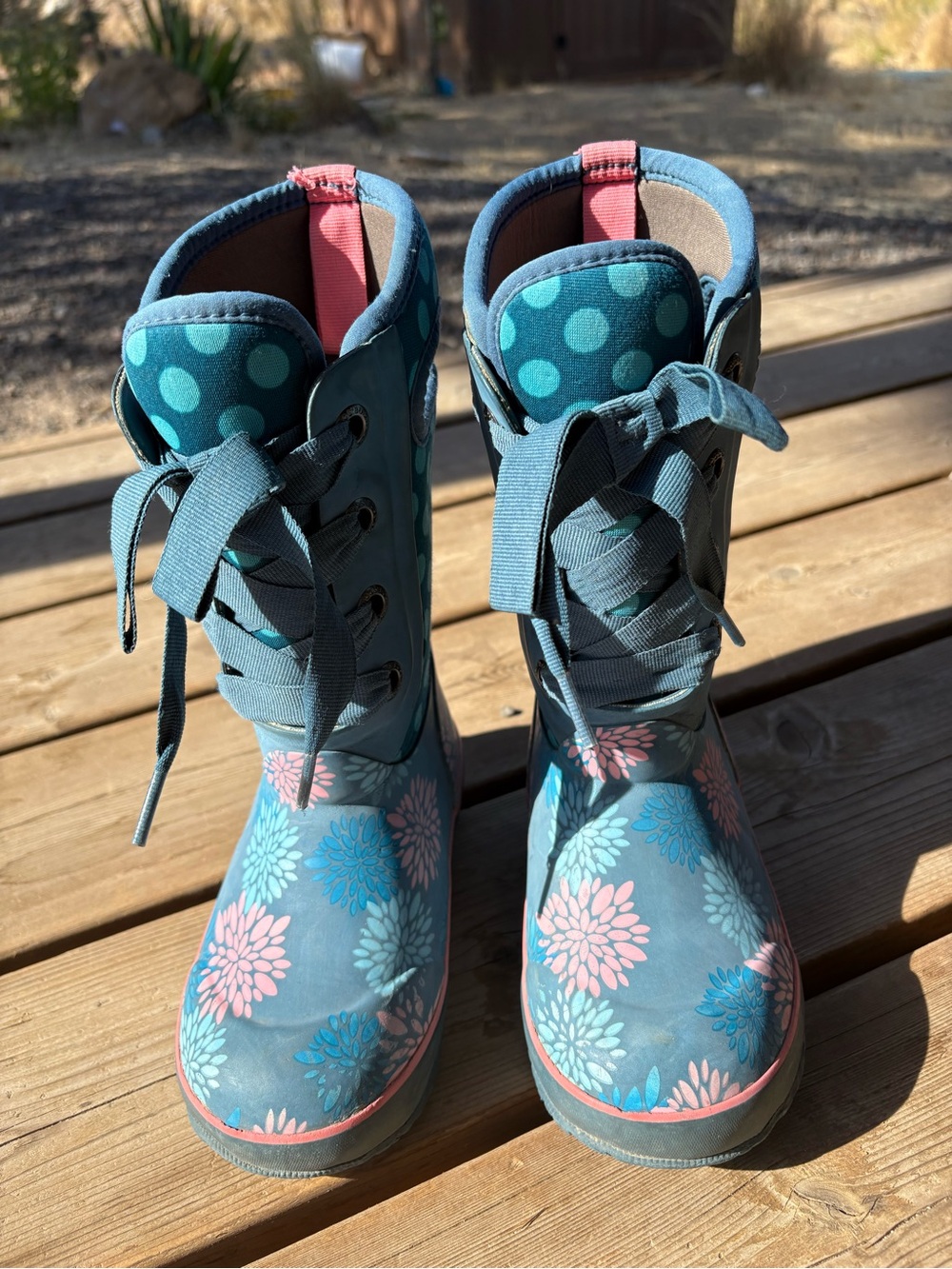 Bogs Kids Floral Lace-Up Rain Boots - Teal Pink